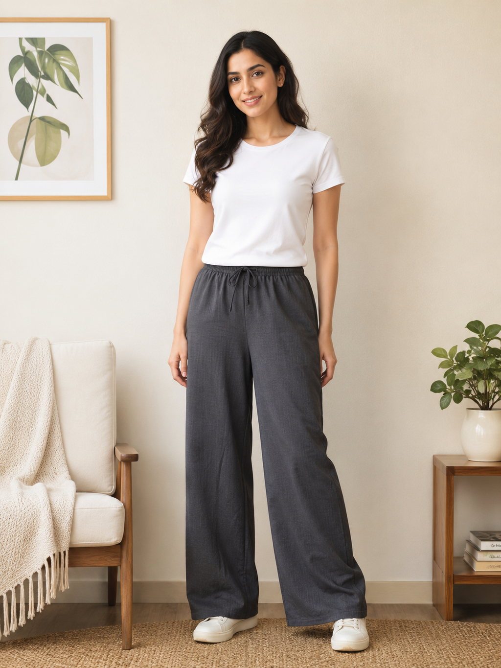 Women's Wide Leg Palazzo Pants, Elastic Waistband with Drawstring, Soft Lightweight Straight Fit, Free Size
