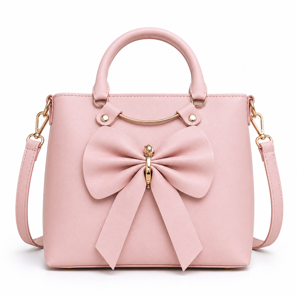 Women’s Pink Bow Handbag | Elegant Top Handle & Sling Bag | Stylish Structured Purse with Gold Accent | Crossbody Bag for Office, Party & Casual Use