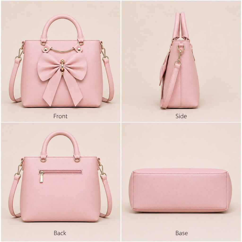 Women’s Pink Bow Handbag | Elegant Top Handle & Sling Bag | Stylish Structured Purse with Gold Accent | Crossbody Bag for Office, Party & Casual Use