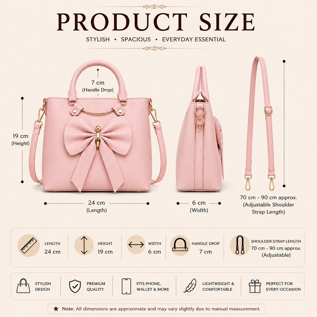 Women’s Pink Bow Handbag | Elegant Top Handle & Sling Bag | Stylish Structured Purse with Gold Accent | Crossbody Bag for Office, Party & Casual Use