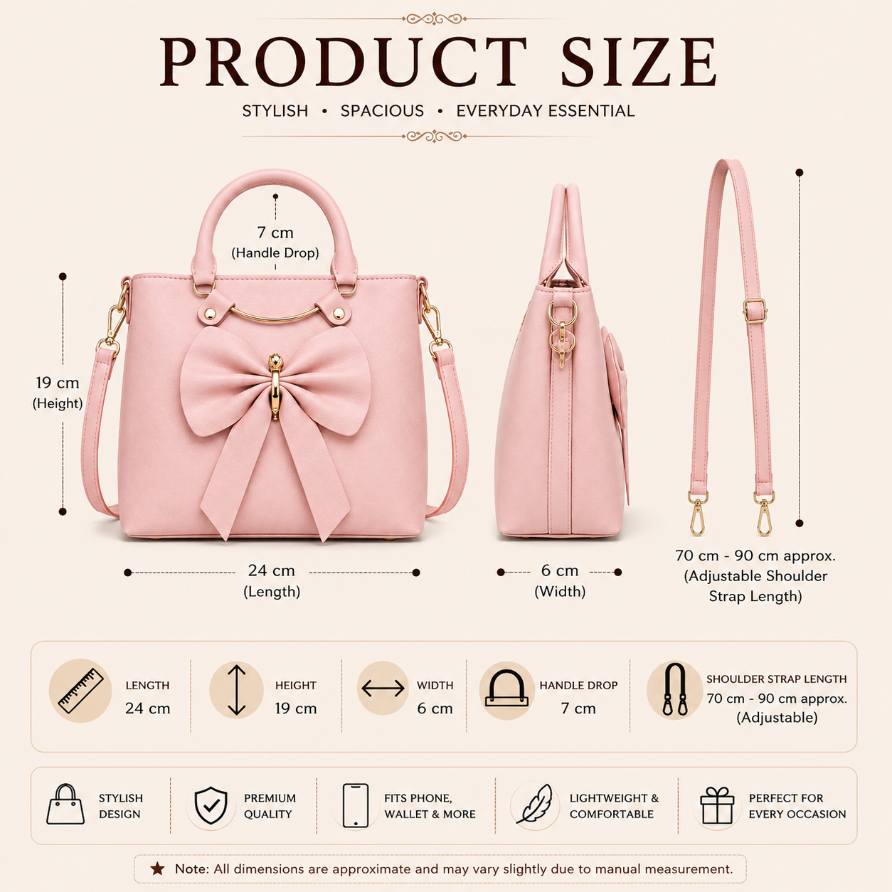 Women’s Pink Bow Handbag | Elegant Top Handle & Sling Bag | Stylish Structured Purse with Gold Accent | Crossbody Bag for Office, Party & Casual Use