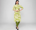 Women’s Parrot Green Rayon Printed Kurti | Floral Design | Collar Neck | 3/4 Sleeve | Knee Length Casual & Office Wear Kurta