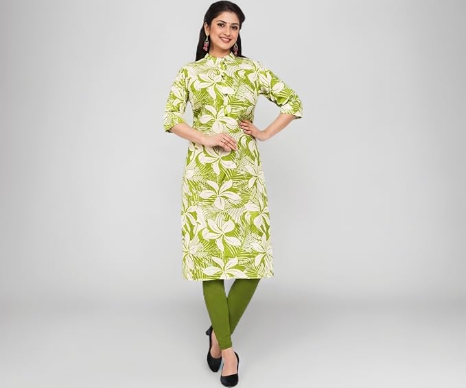 Women’s Parrot Green Rayon Printed Kurti | Floral Design | Collar Neck | 3/4 Sleeve | Knee Length Casual & Office Wear Kurta