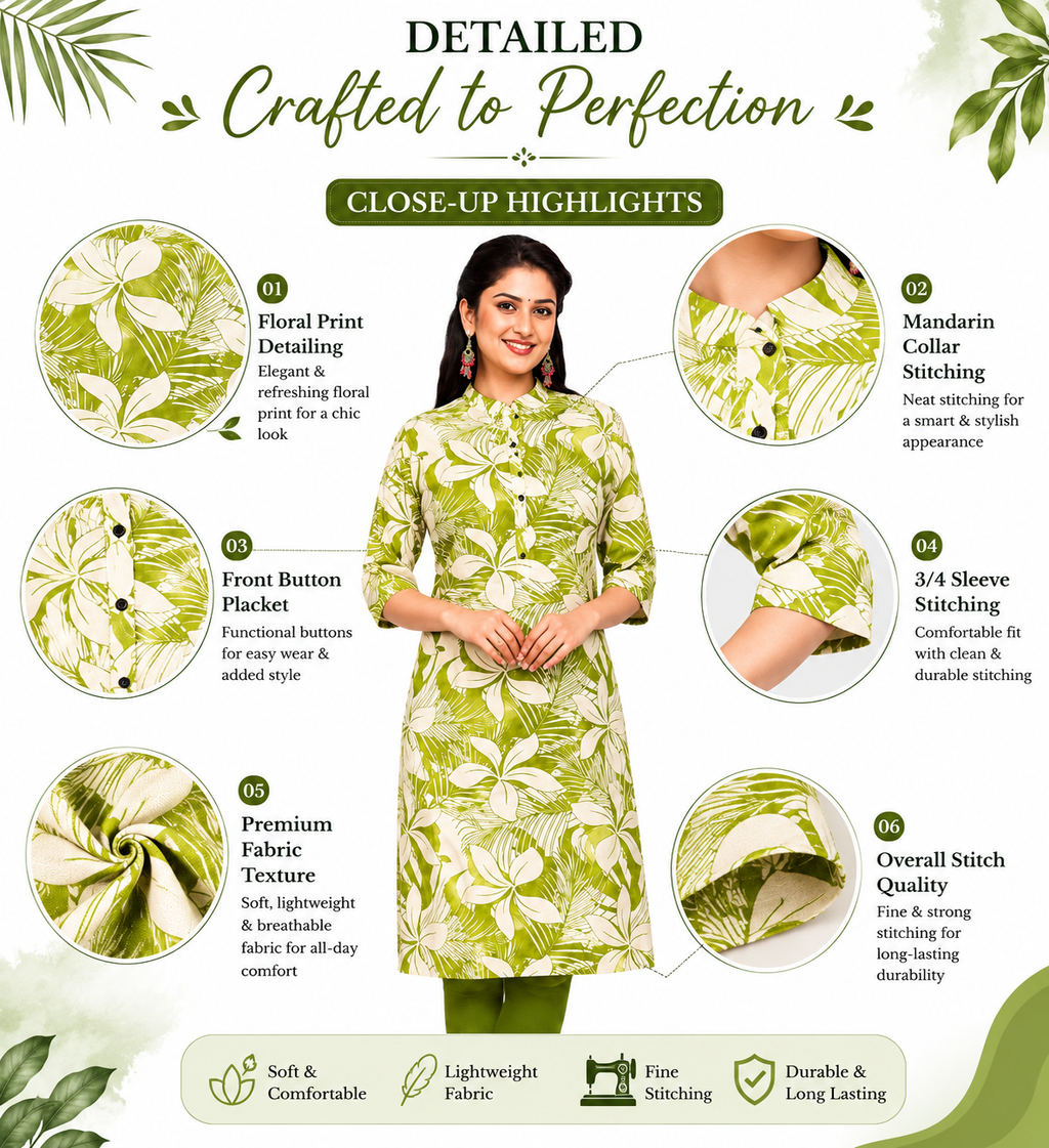 Women’s Parrot Green Rayon Printed Kurti | Floral Design | Collar Neck | 3/4 Sleeve | Knee Length Casual & Office Wear Kurta