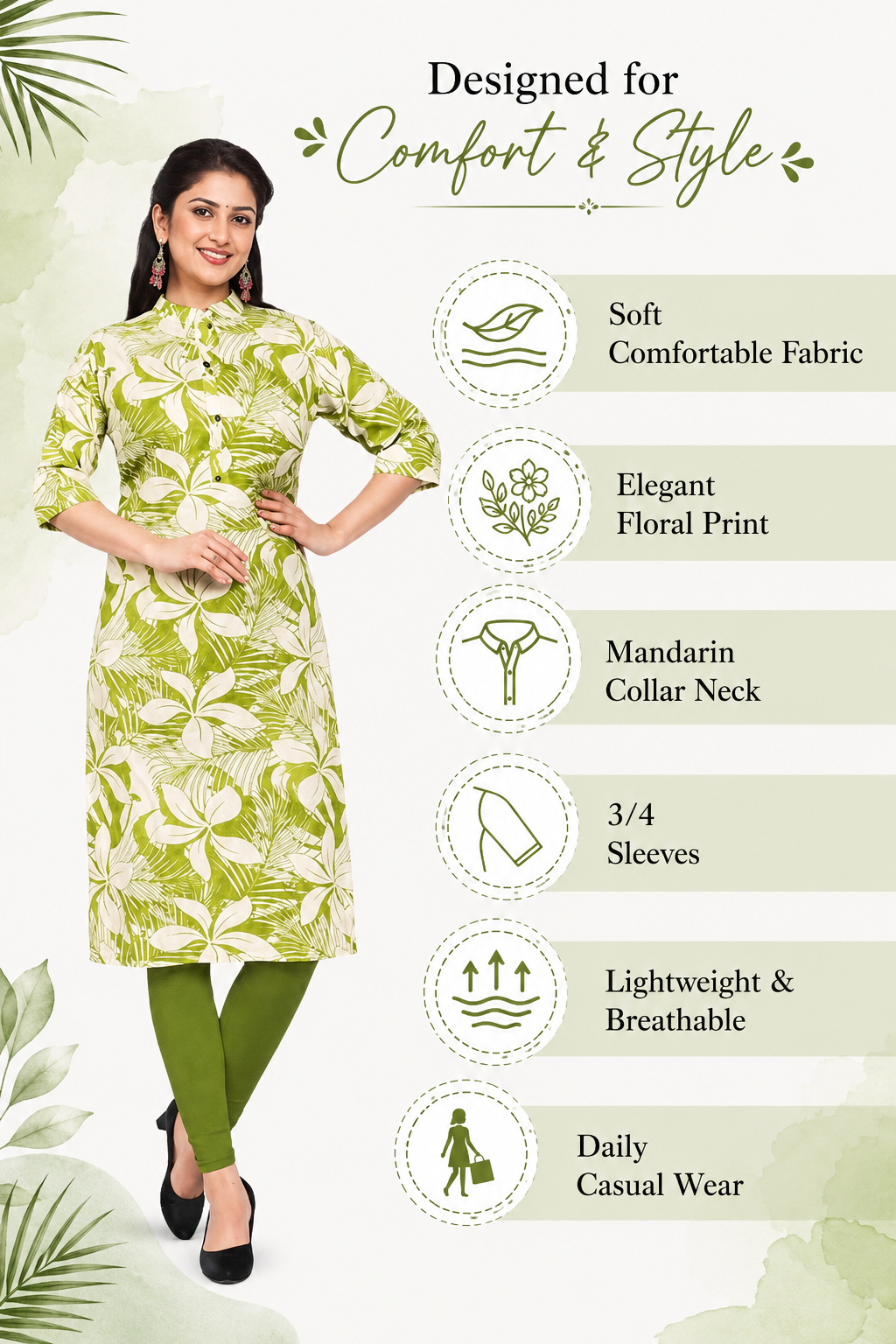 Women’s Parrot Green Rayon Printed Kurti | Floral Design | Collar Neck | 3/4 Sleeve | Knee Length Casual & Office Wear Kurta