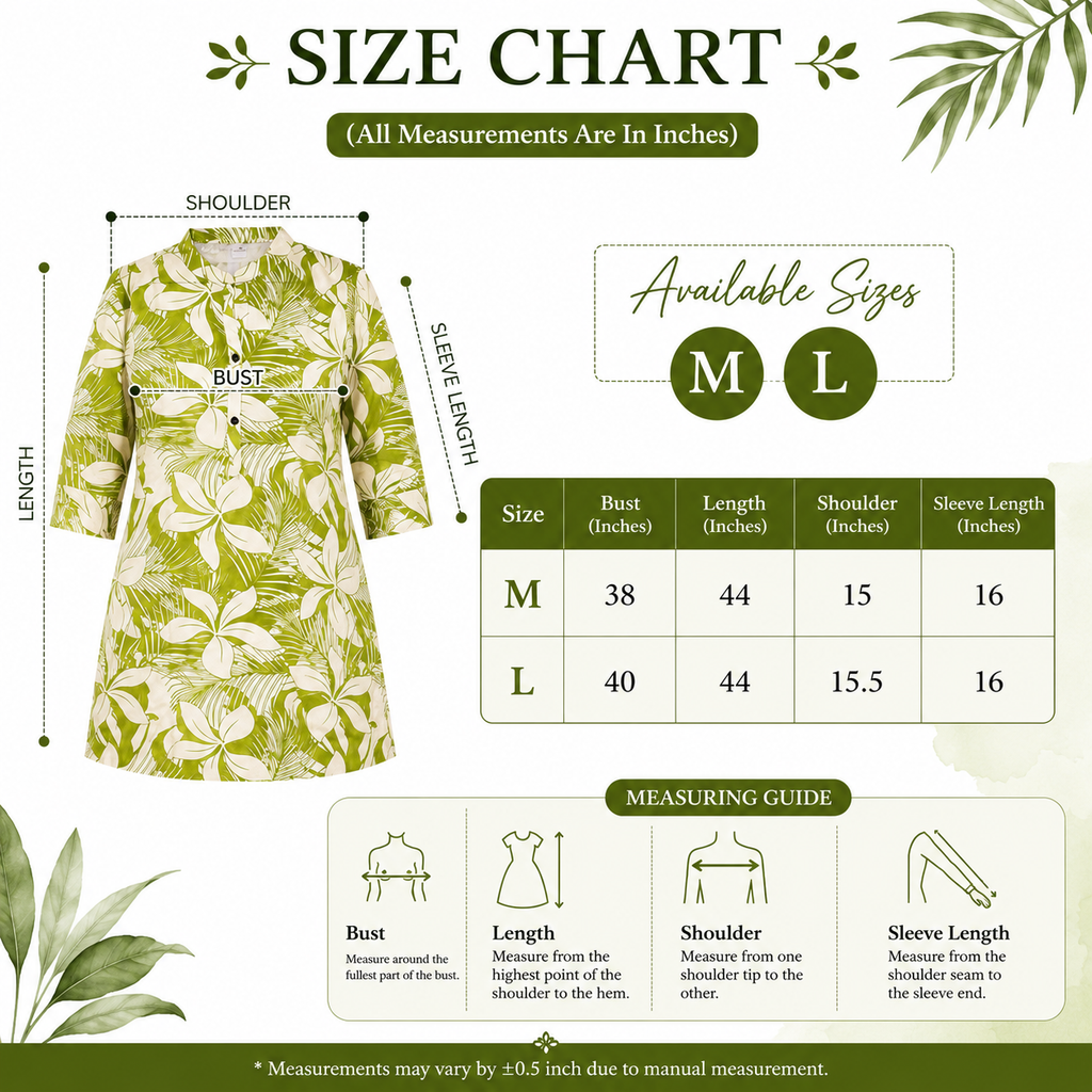 Women’s Parrot Green Rayon Printed Kurti | Floral Design | Collar Neck | 3/4 Sleeve | Knee Length Casual & Office Wear Kurta