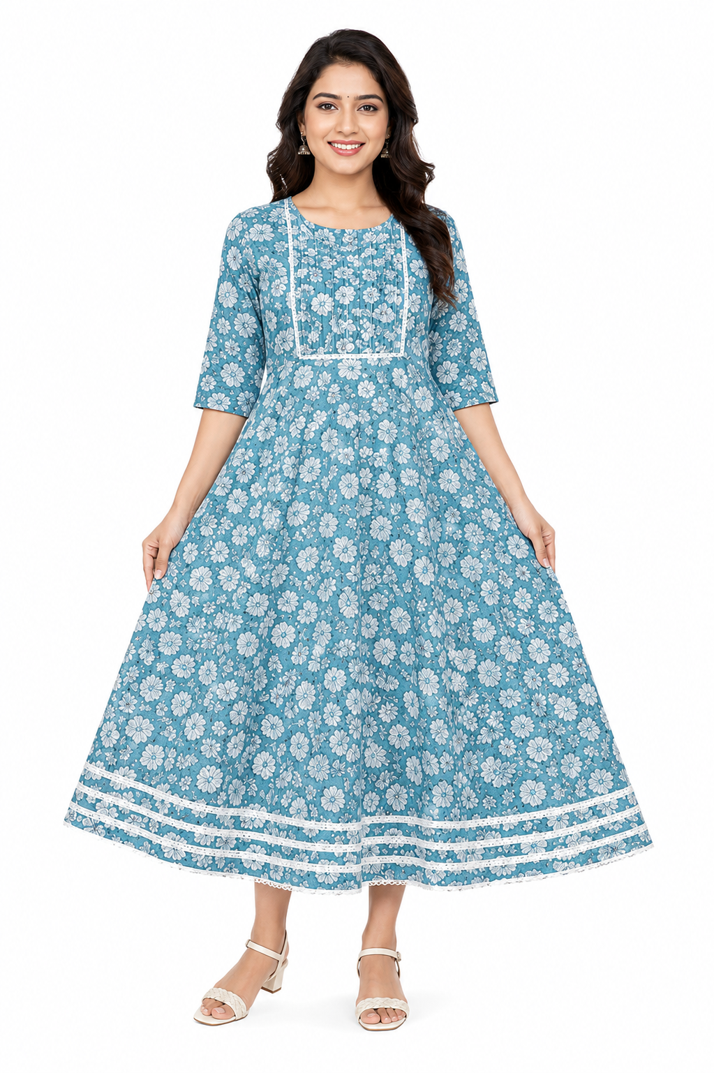 Women’s Teal Floral Printed Umbrella Kurti | Flared Kurta for Women | Casual Ethnic Wear | Regular Fit | Sizes M, L, XL