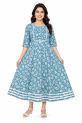 Women’s Teal Floral Printed Umbrella Kurti | Flared Kurta for Women | Casual Ethnic Wear | Regular Fit | Sizes M, L, XL