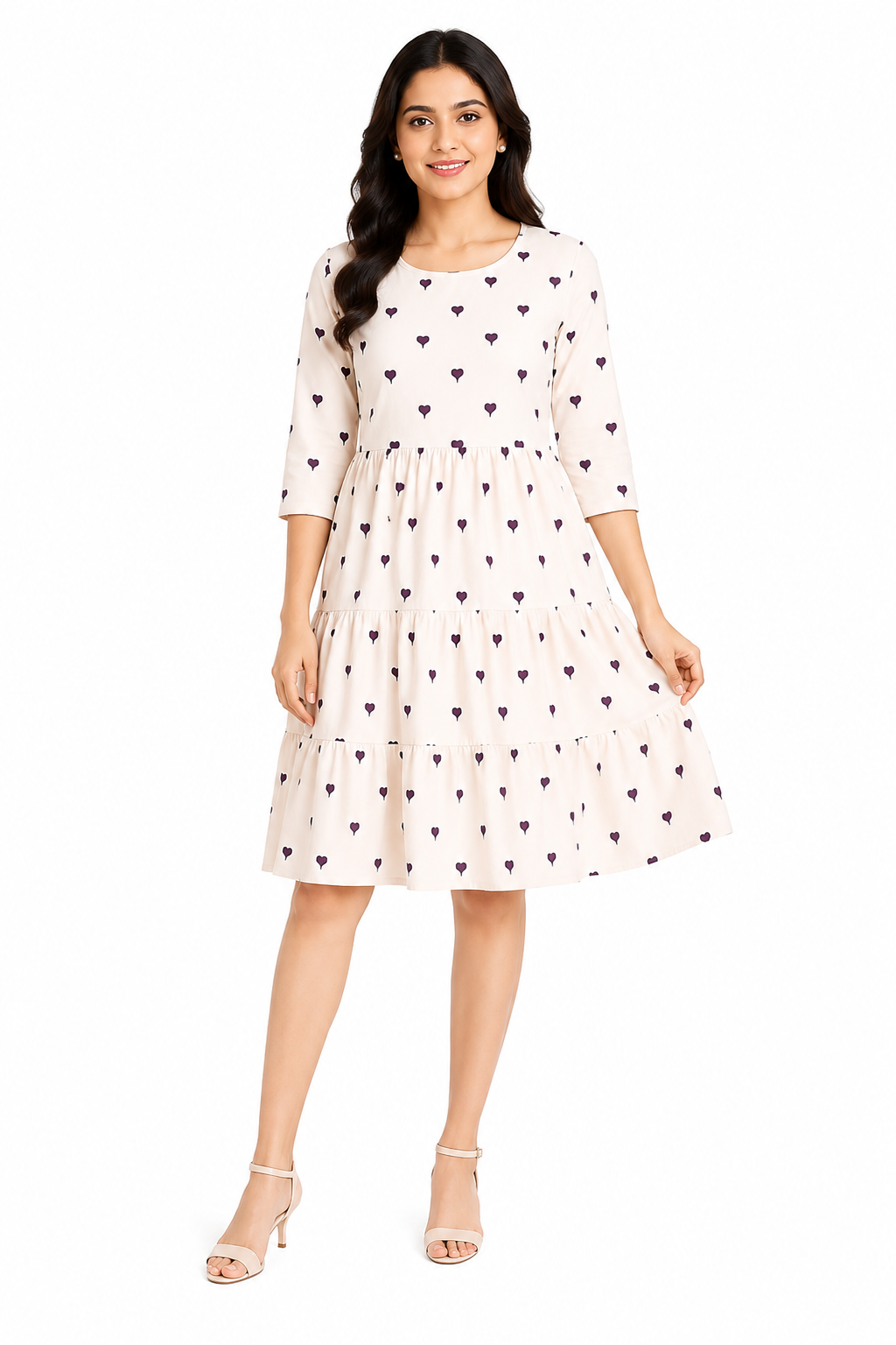 Women’s Printed Cotton Short Kurti | Umbrella Flared Kurta Top for Women | Cream Purple Heart Design | 3/4 Sleeve Casual