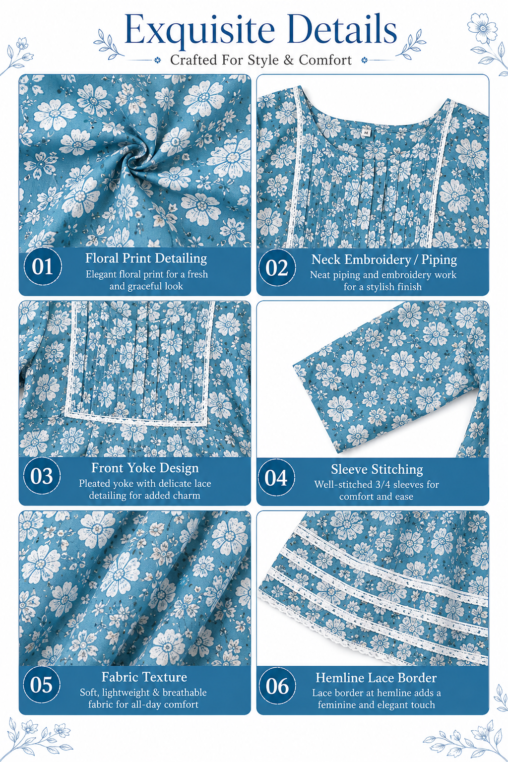Women’s Teal Floral Printed Umbrella Kurti | Flared Kurta for Women | Casual Ethnic Wear | Regular Fit | Sizes M, L, XL