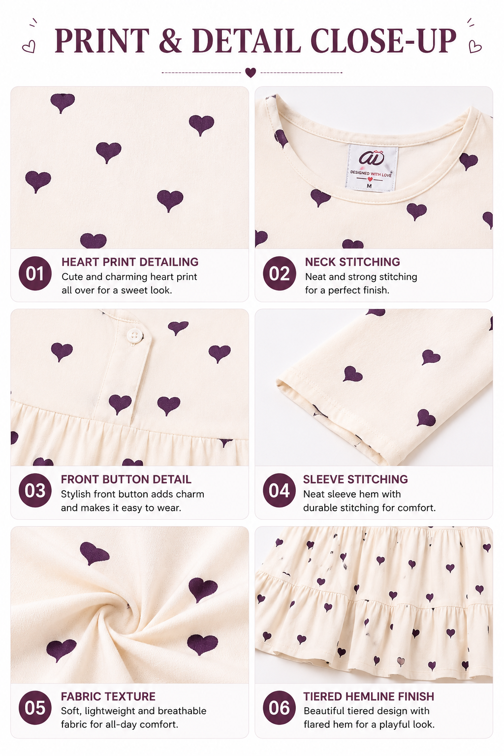 Women’s Printed Cotton Short Kurti | Umbrella Flared Kurta Top for Women | Cream Purple Heart Design | 3/4 Sleeve Casual