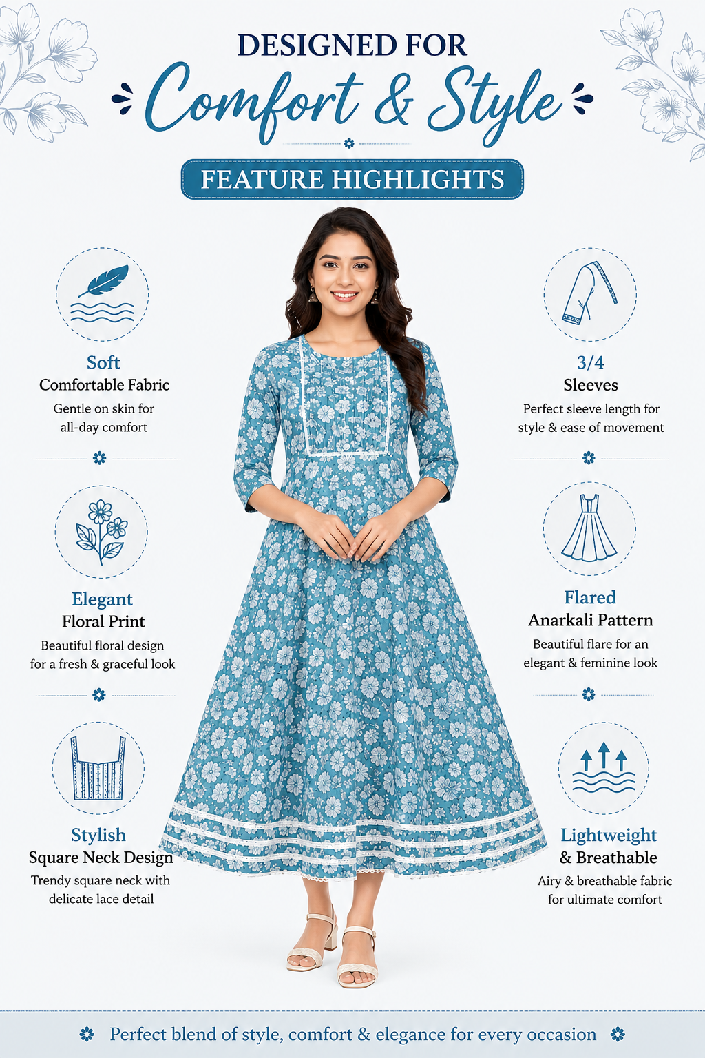 Women’s Teal Floral Printed Umbrella Kurti | Flared Kurta for Women | Casual Ethnic Wear | Regular Fit | Sizes M, L, XL