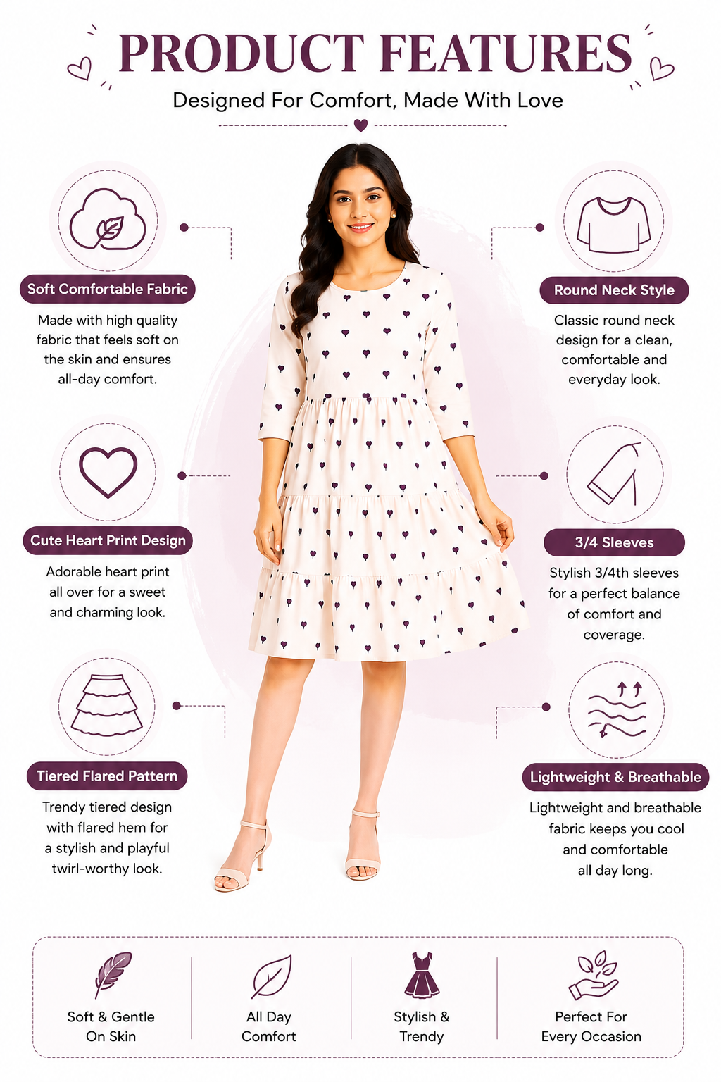 Women’s Printed Cotton Short Kurti | Umbrella Flared Kurta Top for Women | Cream Purple Heart Design | 3/4 Sleeve Casual
