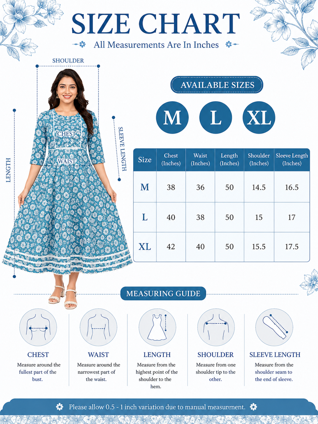 Women’s Teal Floral Printed Umbrella Kurti | Flared Kurta for Women | Casual Ethnic Wear | Regular Fit | Sizes M, L, XL