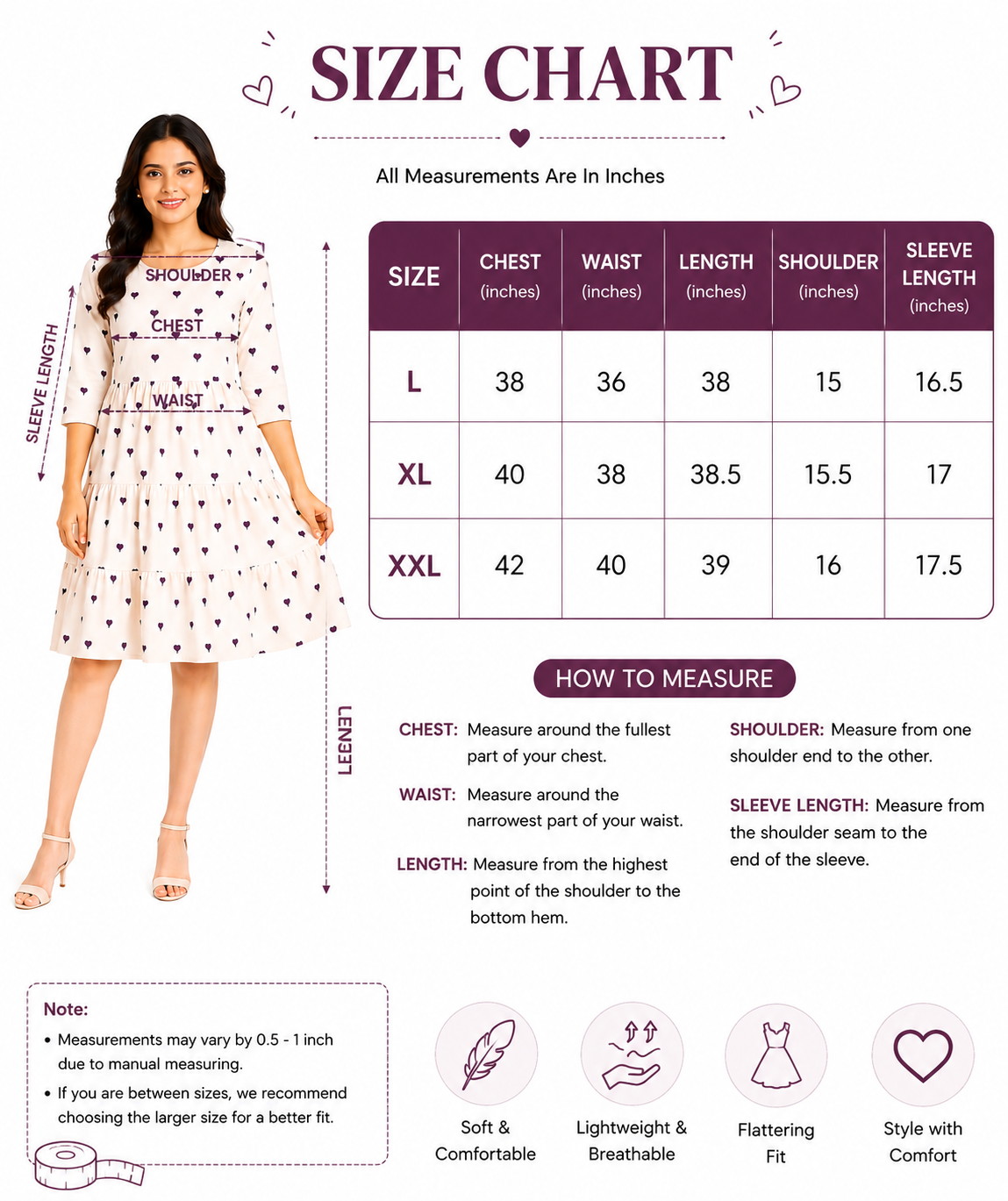 Women’s Printed Cotton Short Kurti | Umbrella Flared Kurta Top for Women | Cream Purple Heart Design | 3/4 Sleeve Casual