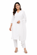 Women's Cotton Kurta Pant Dupatta Set, White, Chikankari Embroidery, V-Neck Straight Kurta, Festive & Casual Wear