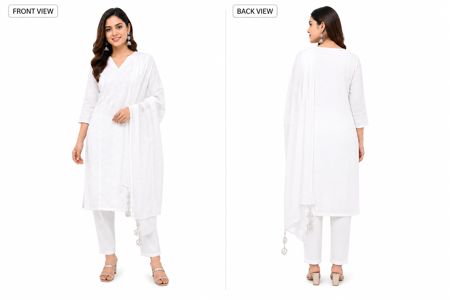 Women's Cotton Kurta Pant Dupatta Set, White, Chikankari Embroidery, V-Neck Straight Kurta, Festive & Casual Wear