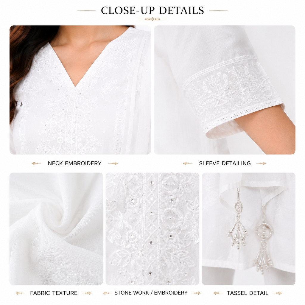 Women's Cotton Kurta Pant Dupatta Set, White, Chikankari Embroidery, V-Neck Straight Kurta, Festive & Casual Wear