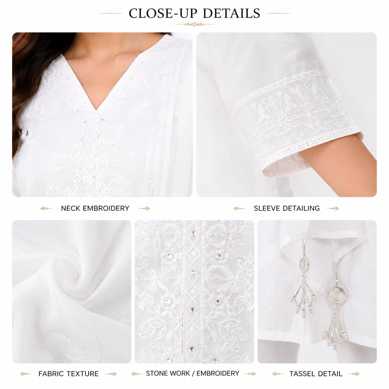 Women's Cotton Kurta Pant Dupatta Set, White, Chikankari Embroidery, V-Neck Straight Kurta, Festive & Casual Wear