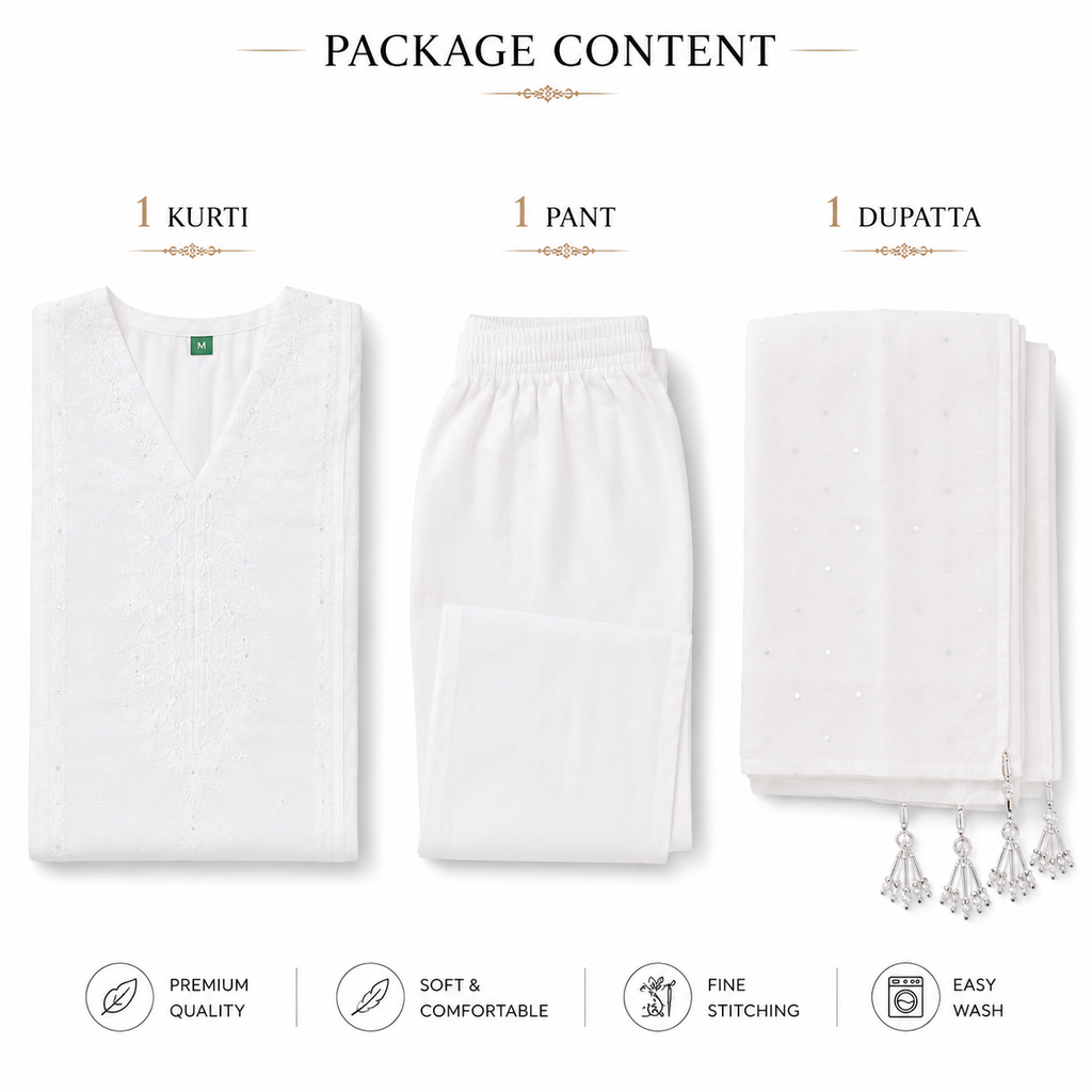 Women's Cotton Kurta Pant Dupatta Set, White, Chikankari Embroidery, V-Neck Straight Kurta, Festive & Casual Wear