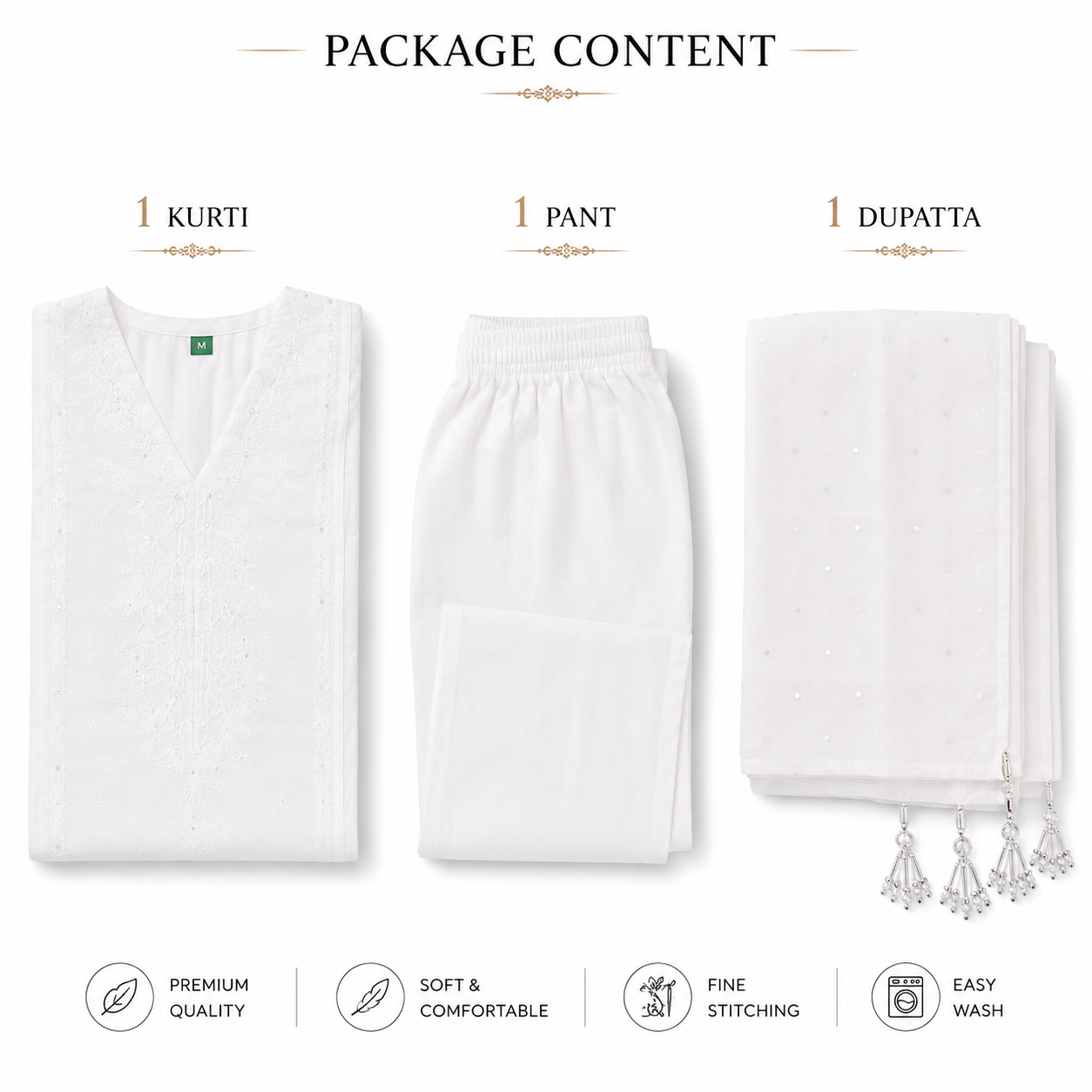 Women's Cotton Kurta Pant Dupatta Set, White, Chikankari Embroidery, V-Neck Straight Kurta, Festive & Casual Wear