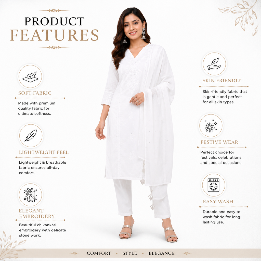 Women's Cotton Kurta Pant Dupatta Set, White, Chikankari Embroidery, V-Neck Straight Kurta, Festive & Casual Wear