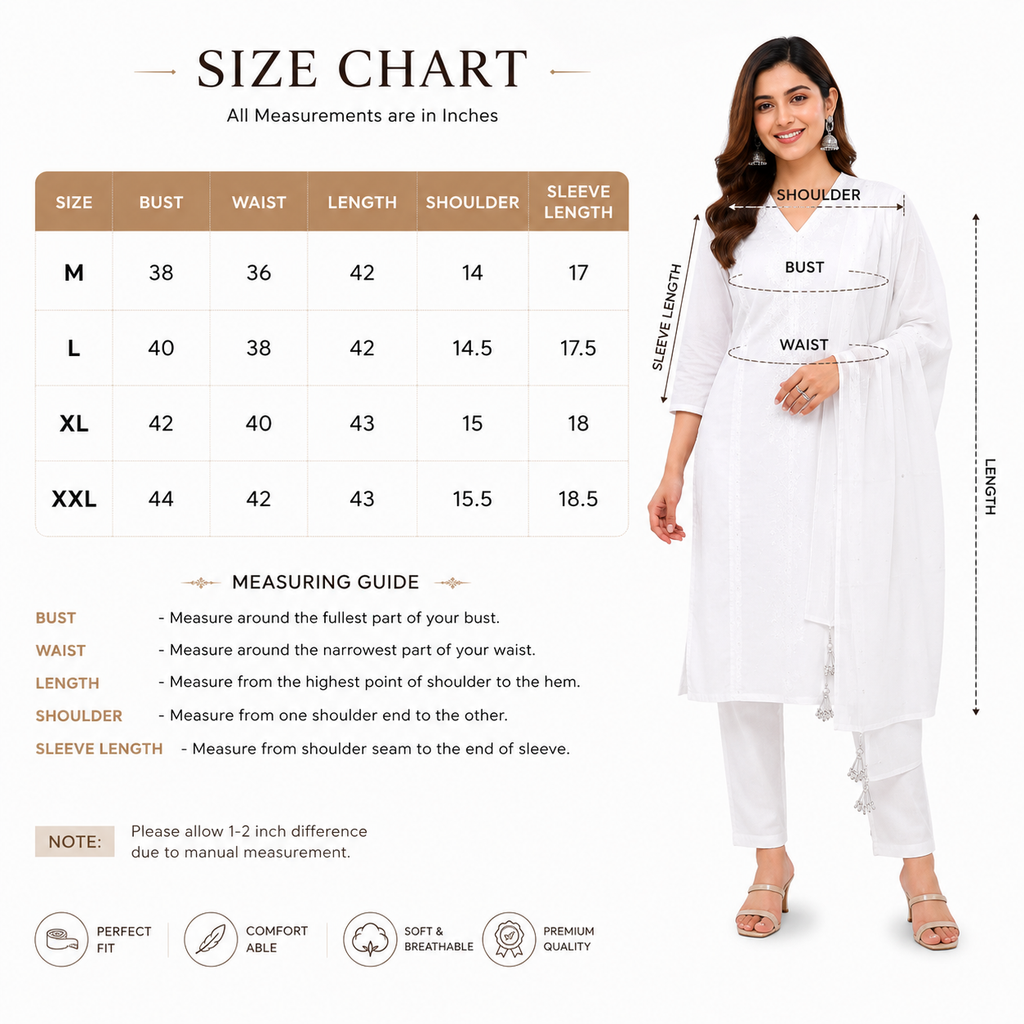 Women's Cotton Kurta Pant Dupatta Set, White, Chikankari Embroidery, V-Neck Straight Kurta, Festive & Casual Wear