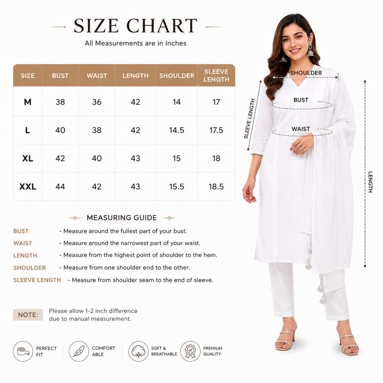 Women's Cotton Kurta Pant Dupatta Set, White, Chikankari Embroidery, V-Neck Straight Kurta, Festive & Casual Wear