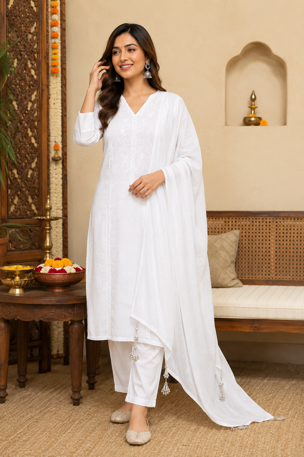 Women's Cotton Kurta Pant Dupatta Set, White, Chikankari Embroidery, V-Neck Straight Kurta, Festive & Casual Wear