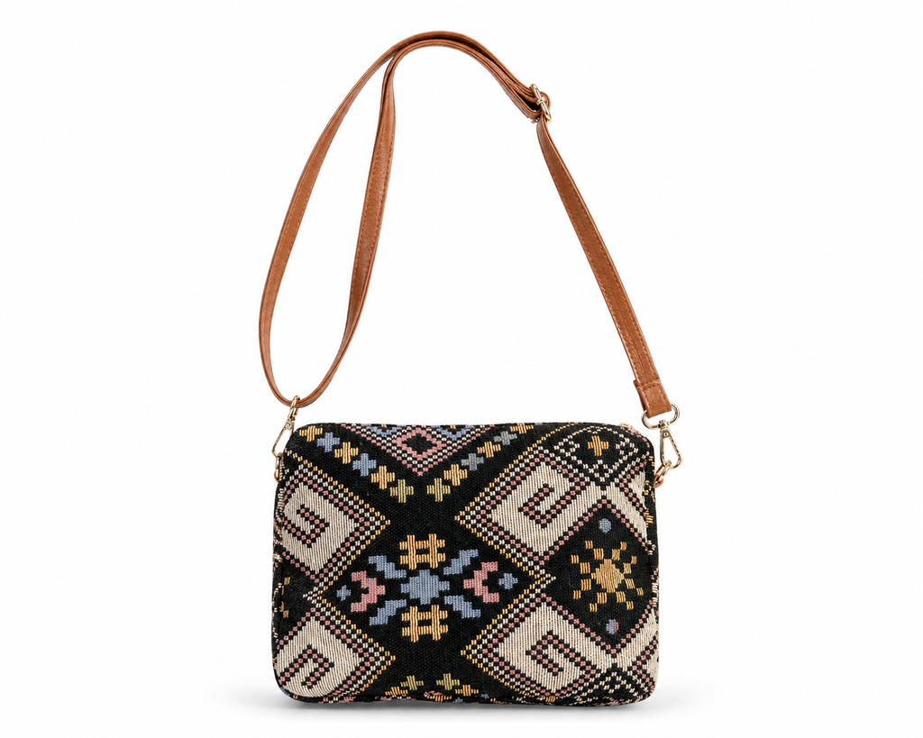 Ethnic Print Crossbody Sling Bag, Multicolour, Fabric with Leatherette Strap, Medium, Multiple Pockets, Casual & Trave