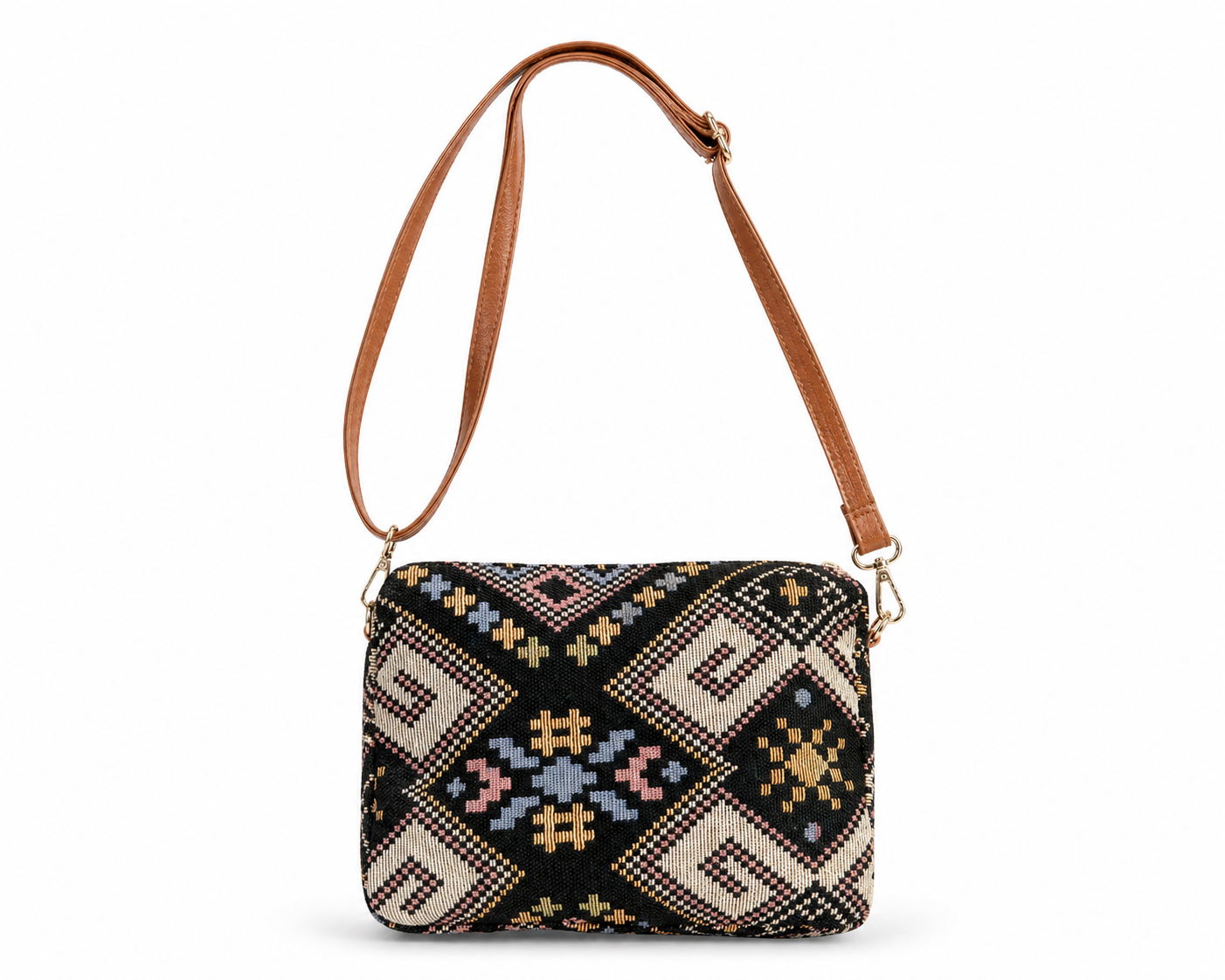 Ethnic Print Crossbody Sling Bag, Multicolour, Fabric with Leatherette Strap, Medium, Multiple Pockets, Casual & Trave