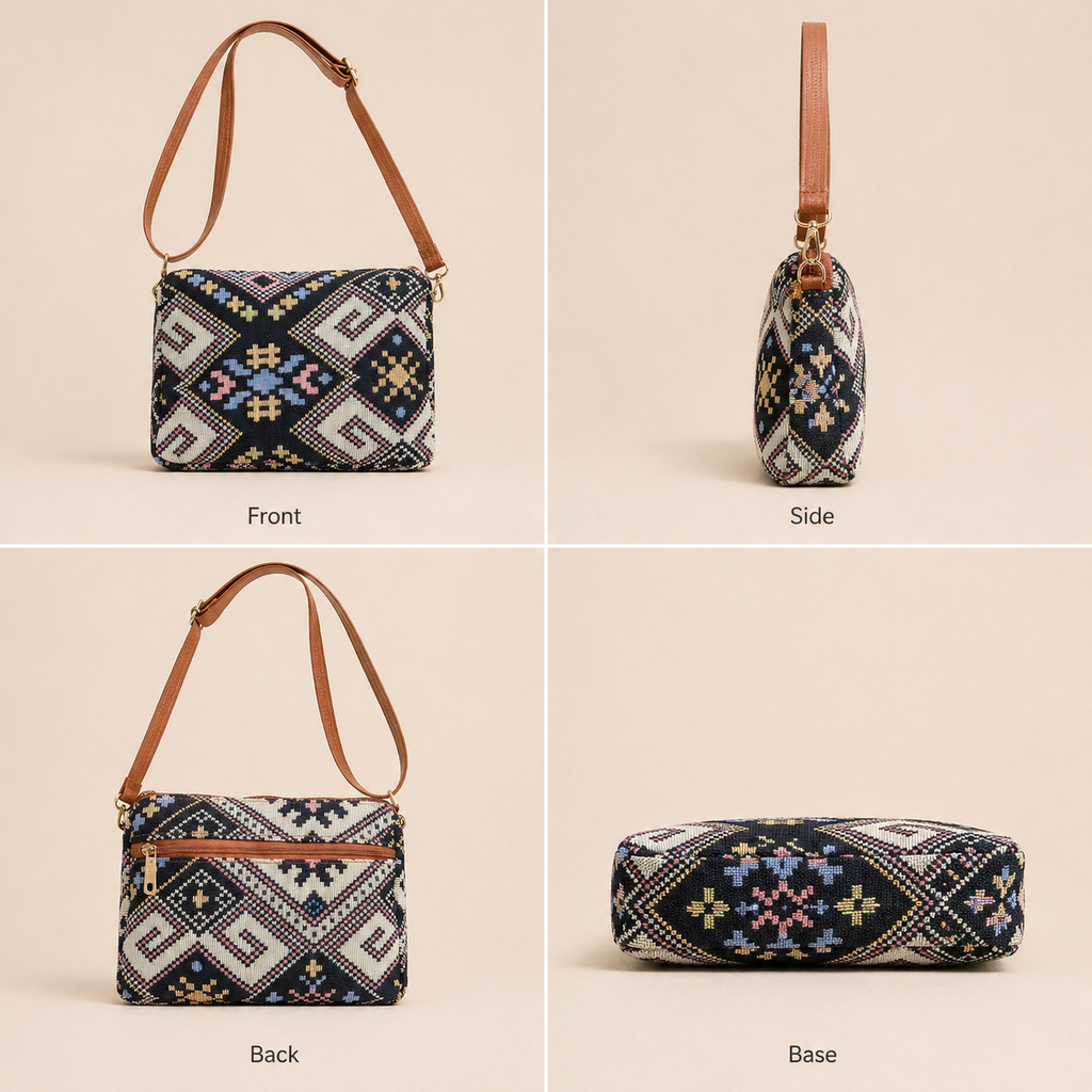 Ethnic Print Crossbody Sling Bag, Multicolour, Fabric with Leatherette Strap, Medium, Multiple Pockets, Casual & Trave