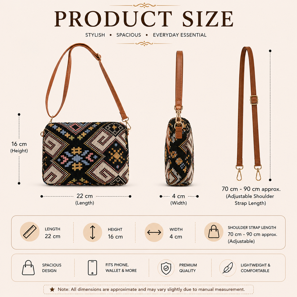 Ethnic Print Crossbody Sling Bag, Multicolour, Fabric with Leatherette Strap, Medium, Multiple Pockets, Casual & Trave