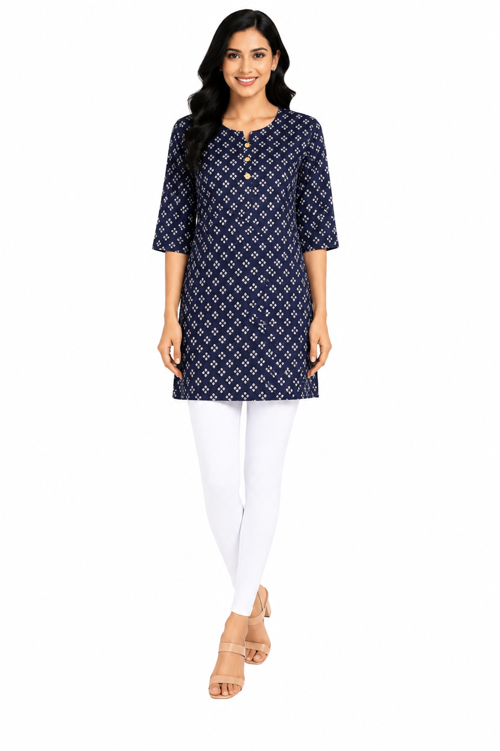 Women’s Floral Printed Crepe Kurti | 3/4 Sleeve | Knee Length Straight Kurta for Women | Casual Office Wear | L