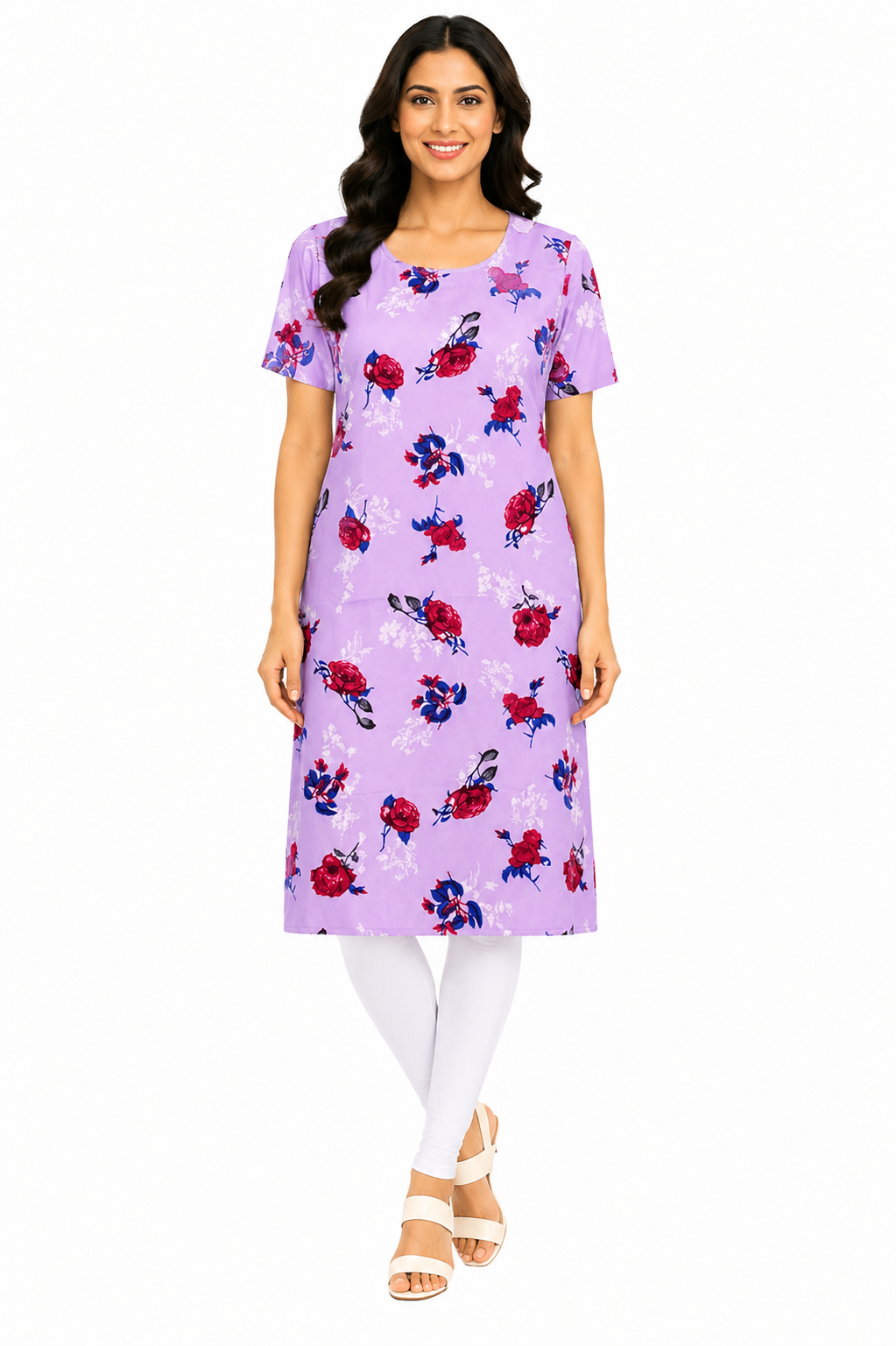 Women’s Poly Crepe Kurti Floral Print Lilac | Knee Length Straight Kurta | Half Sleeve Round Neck | Casual Office Wear Ethnic Kurti for Women | Regular Fit XL