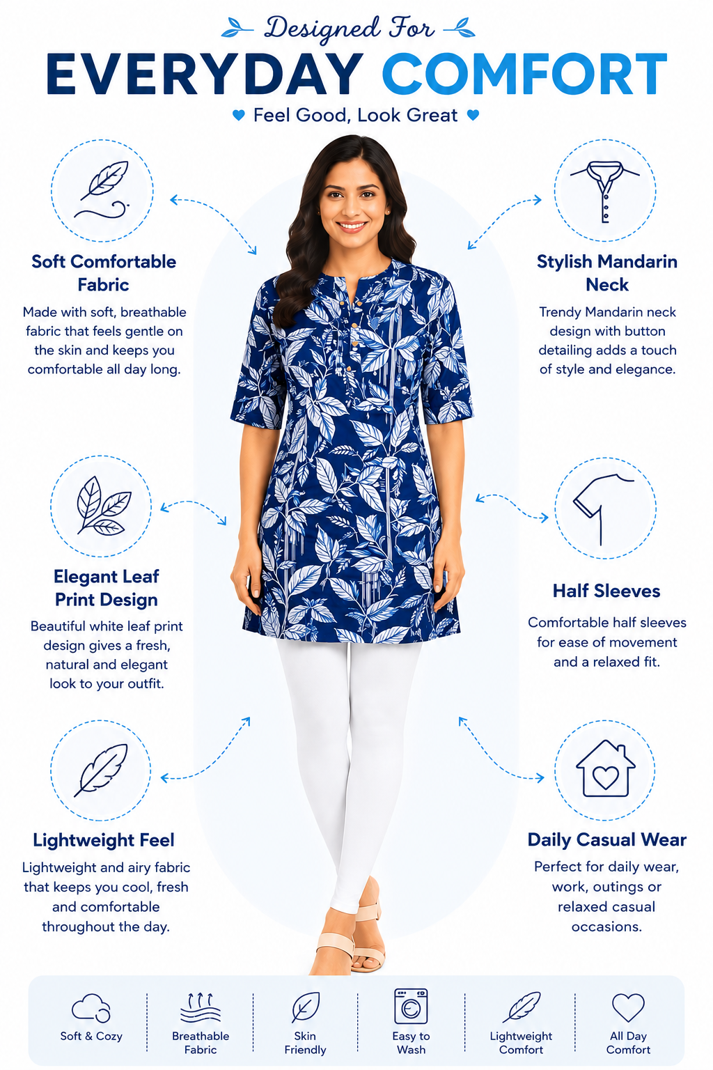 Women’s Short Kurti Crepe Printed | Round Neck | Half Sleeve Casual Kurta Top for Women | Regular Fit