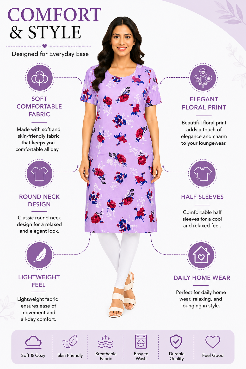 Women’s Poly Crepe Kurti Floral Print Lilac | Knee Length Straight Kurta | Half Sleeve Round Neck | Casual Office Wear Ethnic Kurti for Women | Regular Fit XL