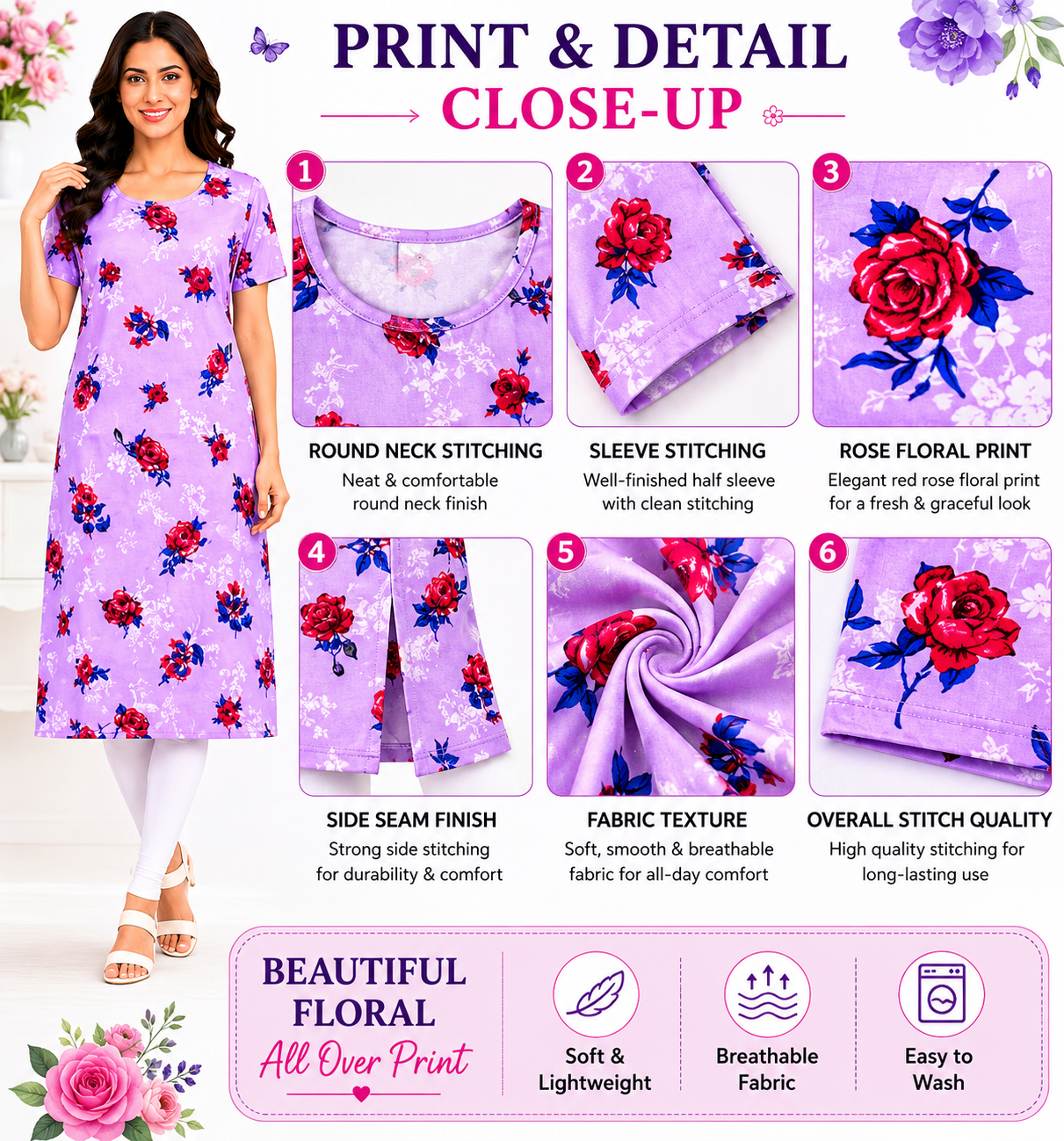Women’s Poly Crepe Kurti Floral Print Lilac | Knee Length Straight Kurta | Half Sleeve Round Neck | Casual Office Wear Ethnic Kurti for Women | Regular Fit XL