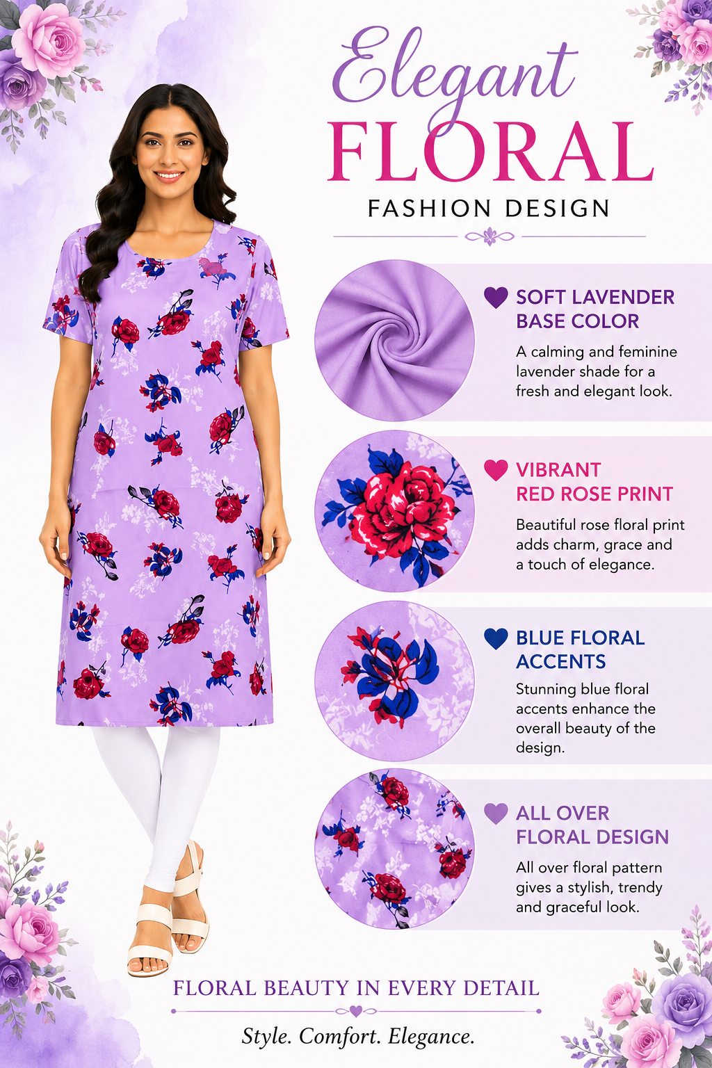 Women’s Poly Crepe Kurti Floral Print Lilac | Knee Length Straight Kurta | Half Sleeve Round Neck | Casual Office Wear Ethnic Kurti for Women | Regular Fit XL